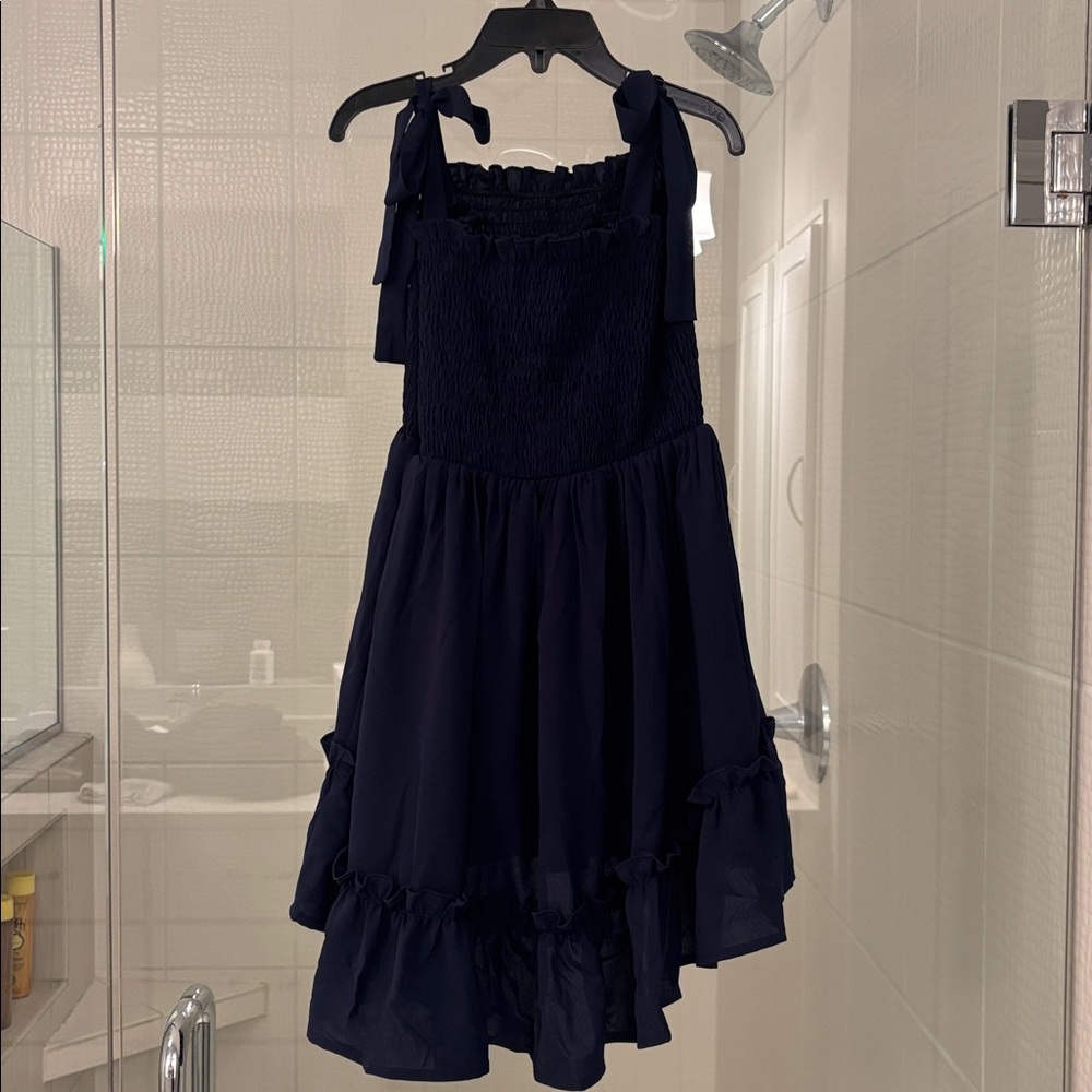 Girls Navy Tie-Shoulder Smocked High Low Sundress - Picture 4 of 6
